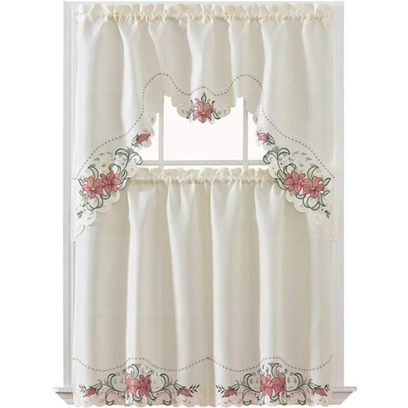 Lily Fragrance. 3pcs Multi-Color Embroidery Kitchen Cafe Curtain Set Swag - Picture 1 of 6